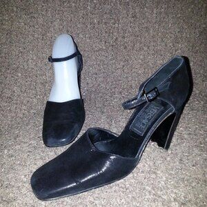 VERSACE JEANS COUTURE-Metallic Black Suede-Ankle Strap-Authentic-Sz 40-Near Mint